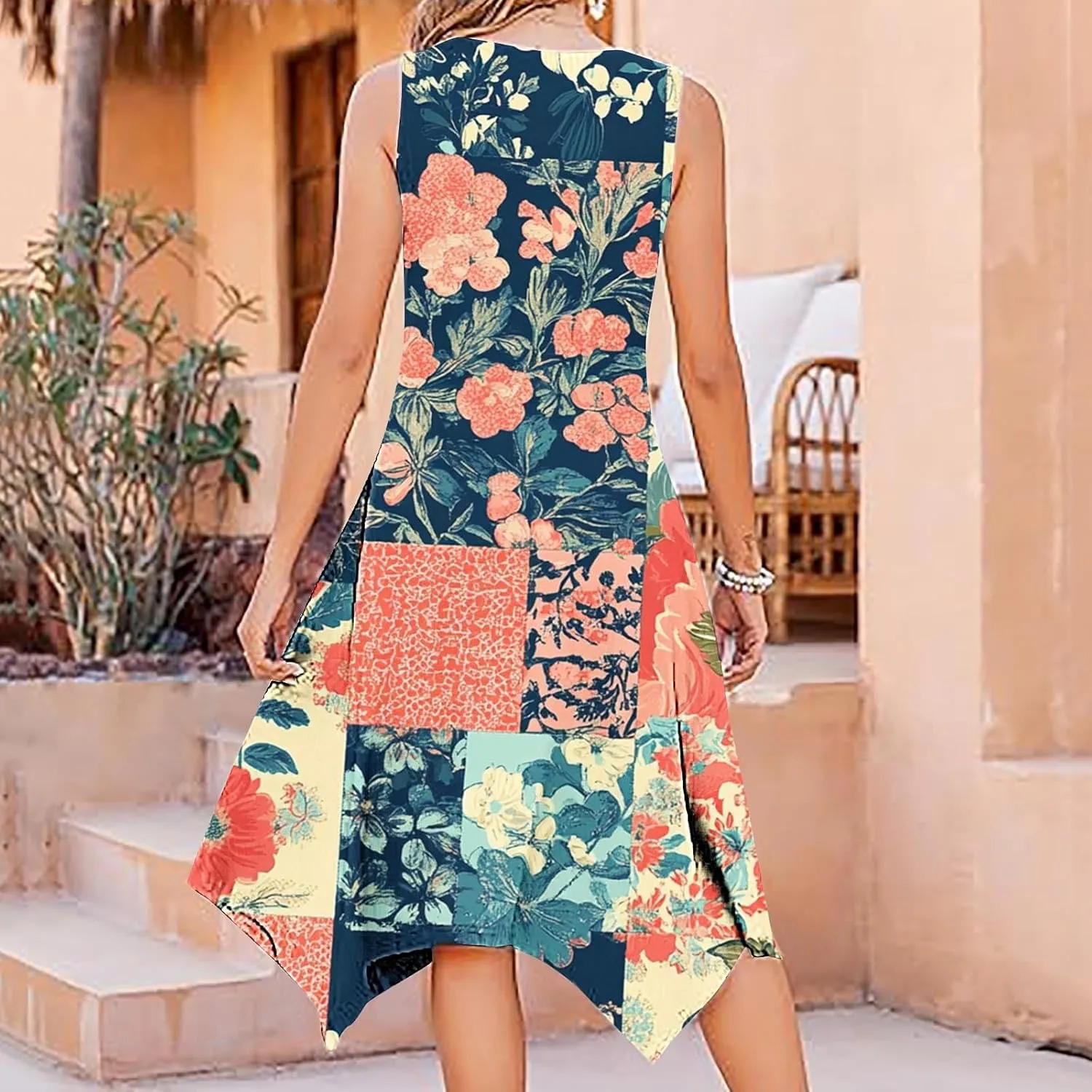 Womens Dresses Fashion Sleeveless Empire Waist Dress with Pockets Sundresses Ruffle Flowy a-Line Beach Mini Dress