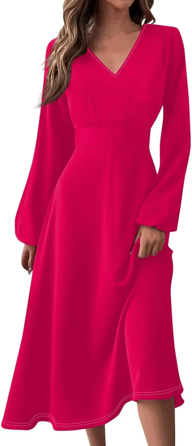 Women'S Dresses for Wedding Guest Fall Long Sleeve Wrap V Neck Ruffle Belted A-Line Flowy Midi Dresses