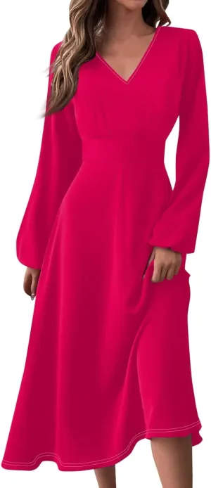 Women'S Dresses for Wedding Guest Fall Long Sleeve Wrap V Neck Ruffle Belted A-Line Flowy Midi Dresses