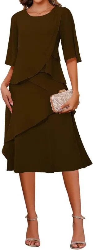 Women's Elegant Mother of The Bride Dresses for Wedding Short Sleeve Ruffles Chiffon Formal Evening Dress