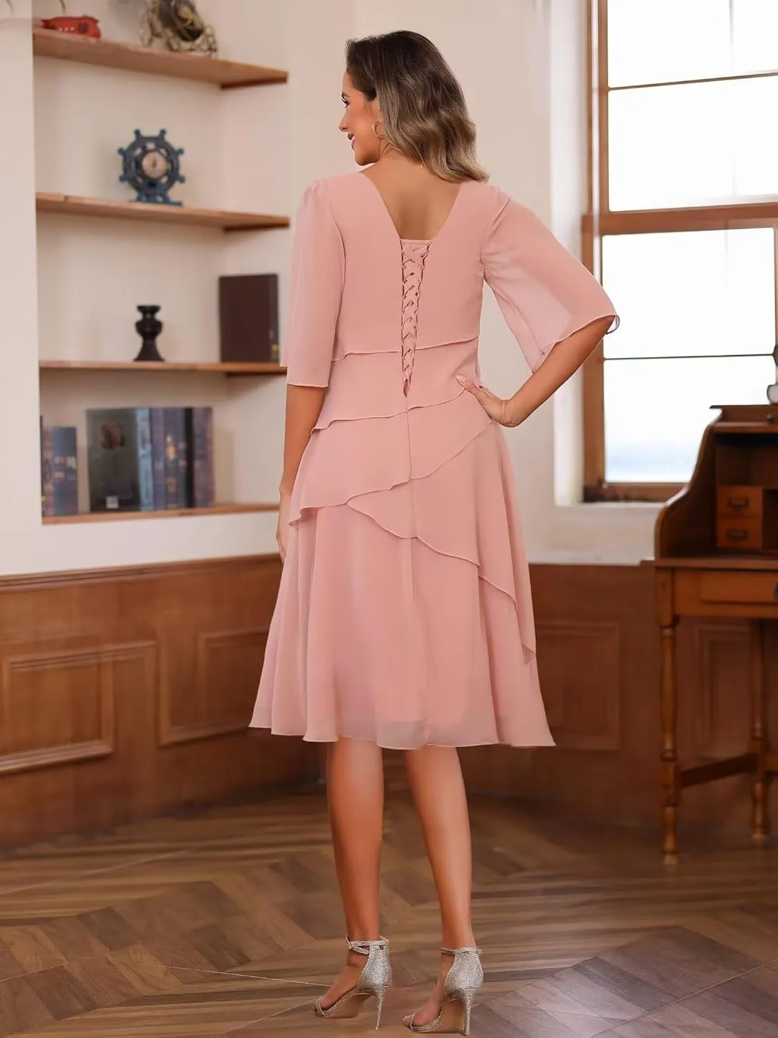 Women's Elegant Mother of The Bride Dresses for Wedding Short Sleeve Ruffles Chiffon Formal Evening Dress