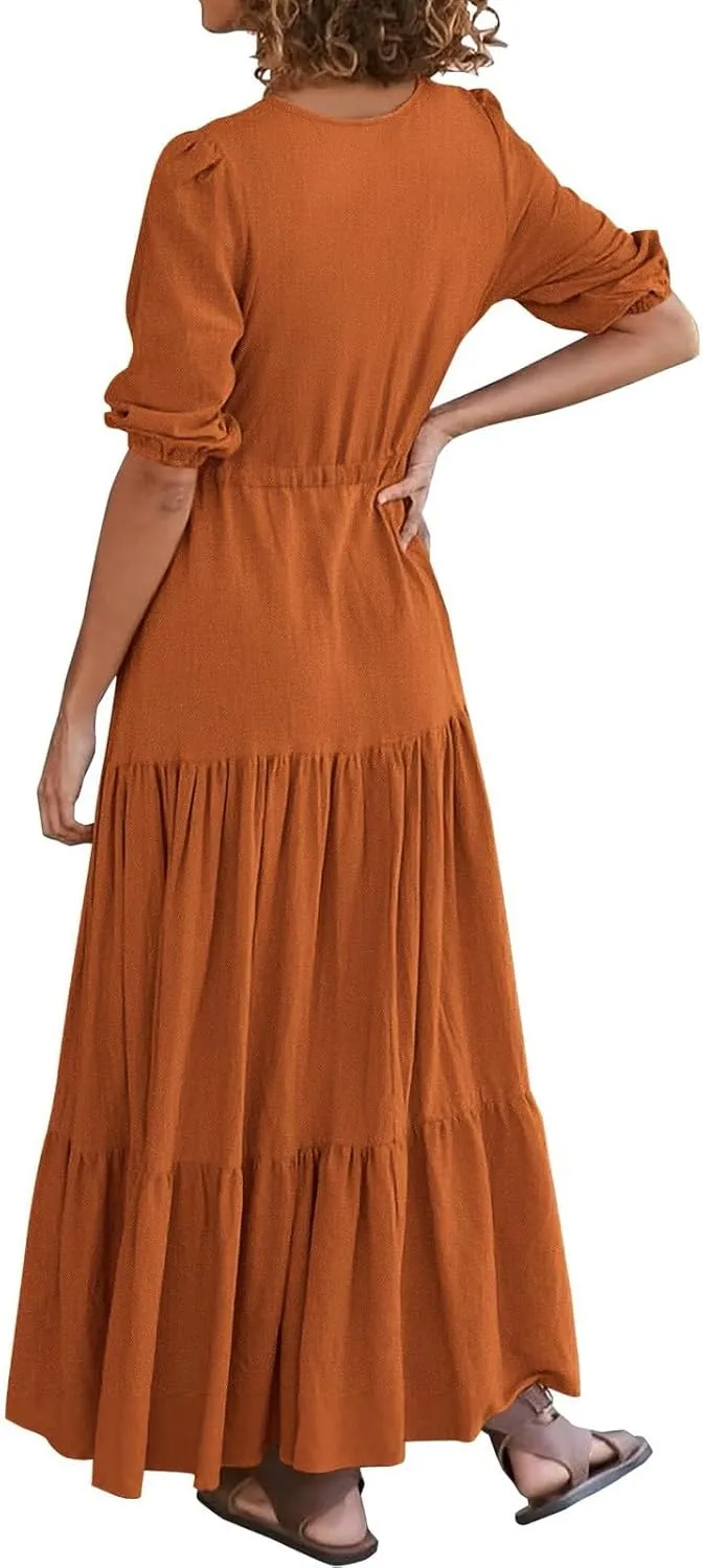 Women's Fall Maxi Dress V Neck Long Sleeve Tiered Ruffle Flowy A Line Cocktail Party Dresses