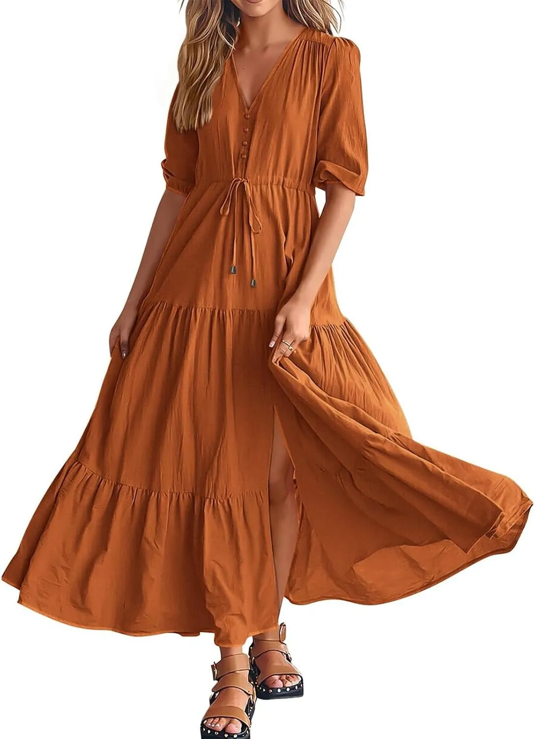 Women's Fall Maxi Dress V Neck Long Sleeve Tiered Ruffle Flowy A Line Cocktail Party Dresses