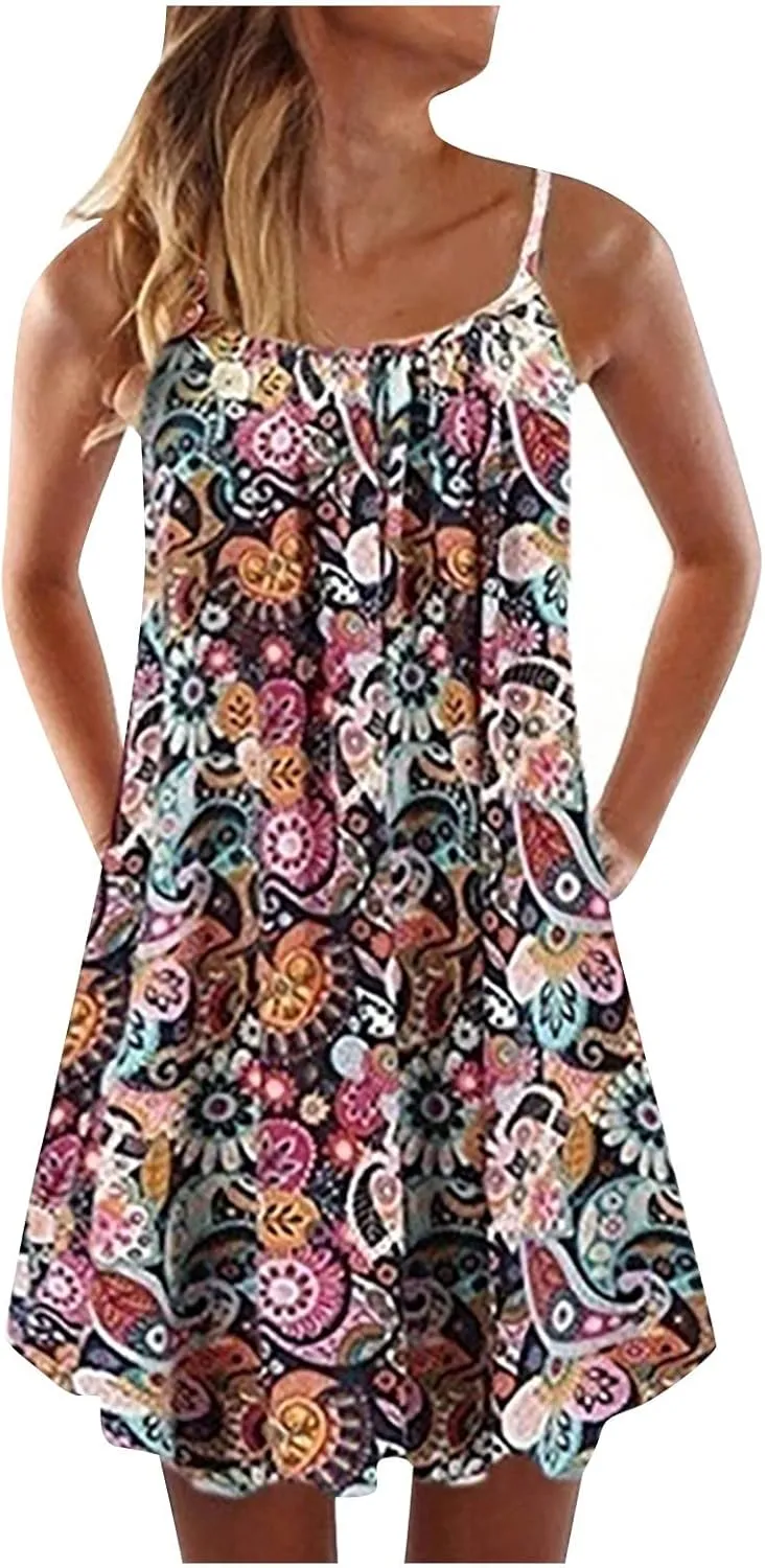 Women's Fashion Summer Casual Vest Sleeveless Bohemian Print Loose Tank Large Dress Blossoms Strap Dress