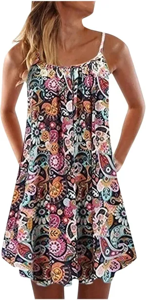 Women's Fashion Summer Casual Vest Sleeveless Bohemian Print Loose Tank Large Dress Blossoms Strap Dress