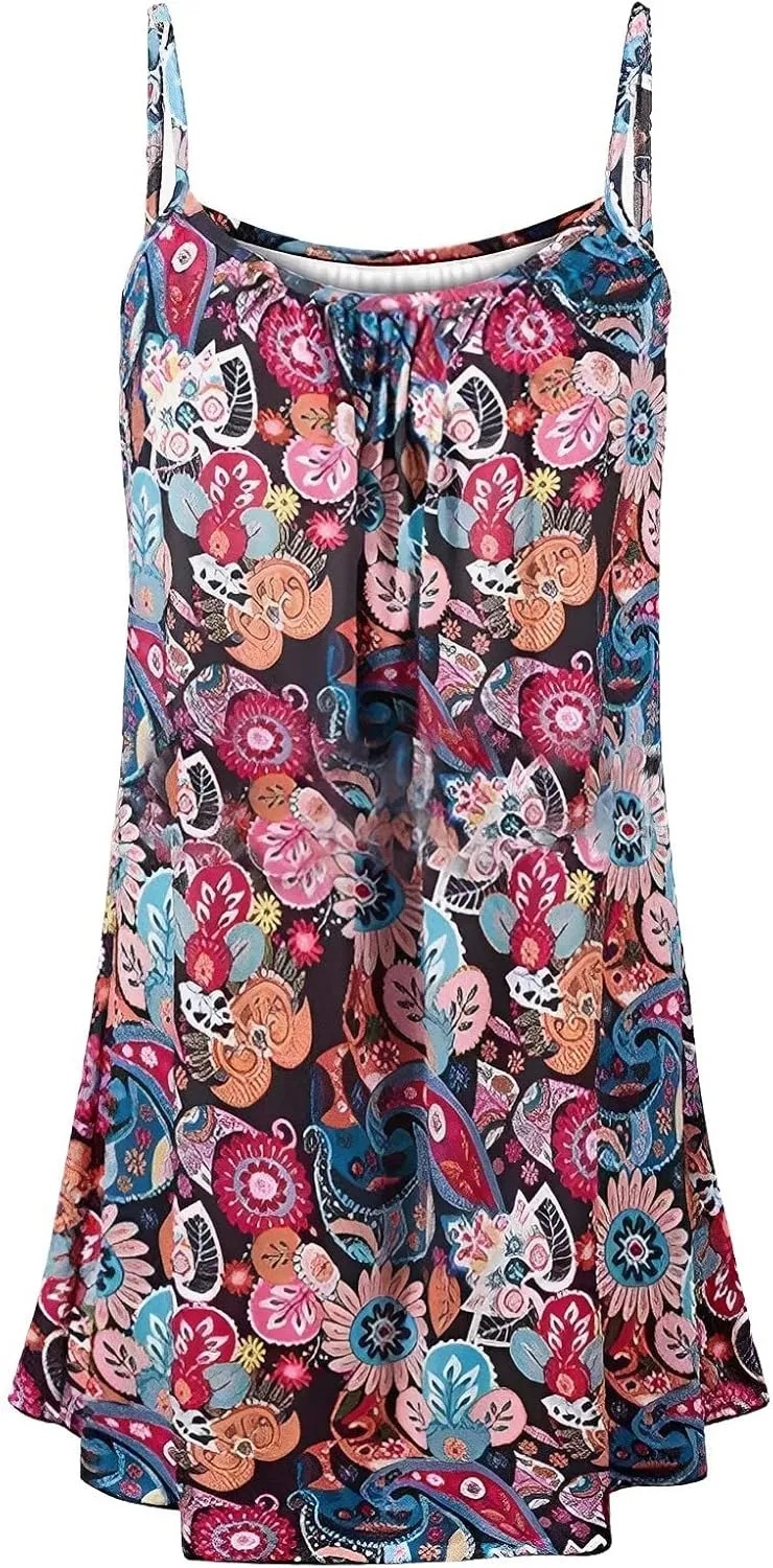 Women's Fashion Summer Casual Vest Sleeveless Bohemian Print Loose Tank Large Dress Blossoms Strap Dress