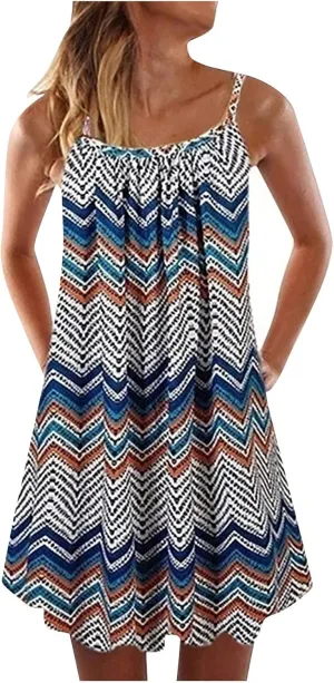 Women's Fashion Summer Casual Vest Sleeveless Bohemian Print Loose Tank Large Dress Blossoms Strap Dress