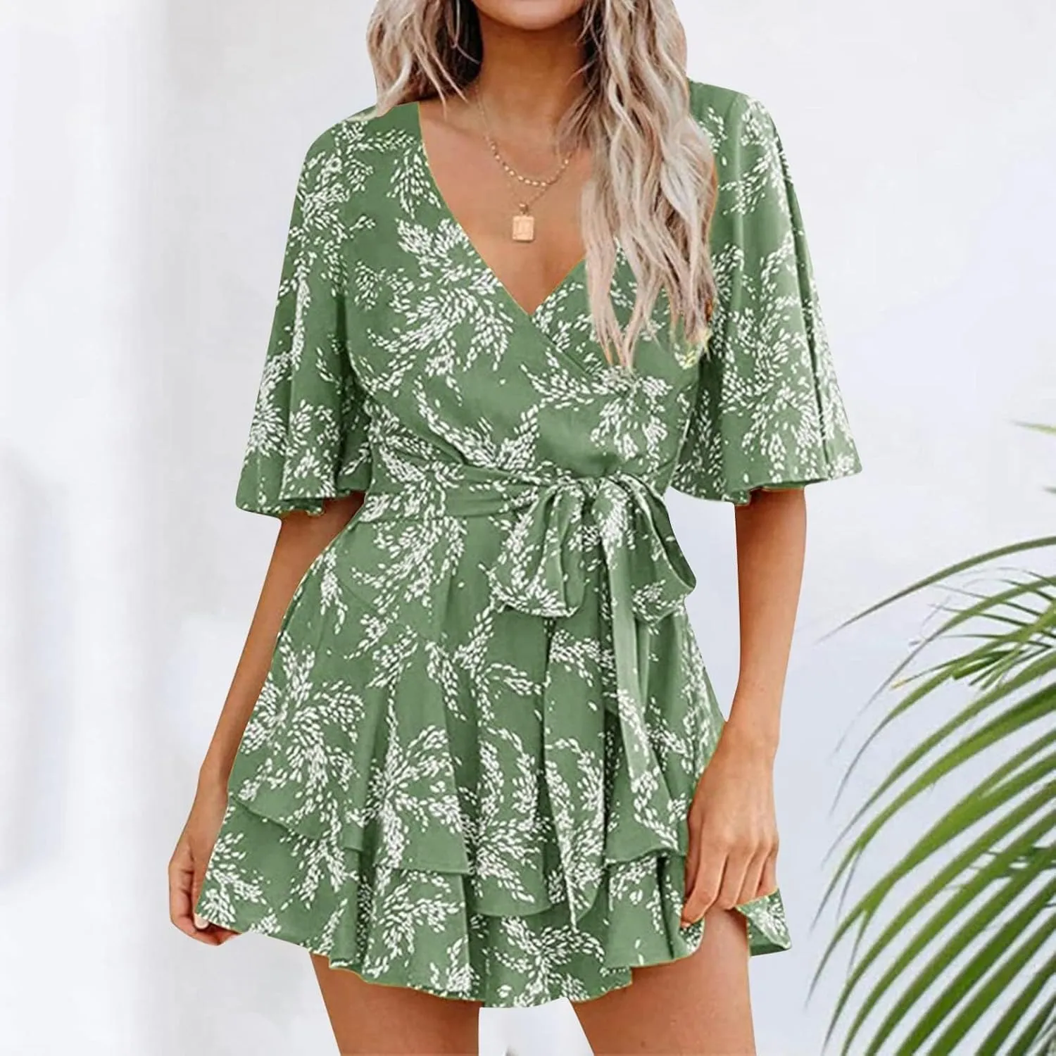 Women's Floral Dress Flowy Midi Skirts Summer Boho Beach Sundress Casual Ruffled Sleeve Waist Lace-up Romper Dresses