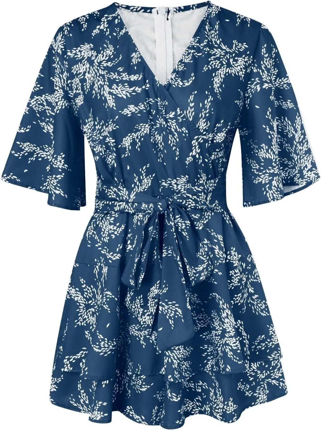 Women's Floral Dress Flowy Midi Skirts Summer Boho Beach Sundress Casual Ruffled Sleeve Waist Lace-up Romper Dresses