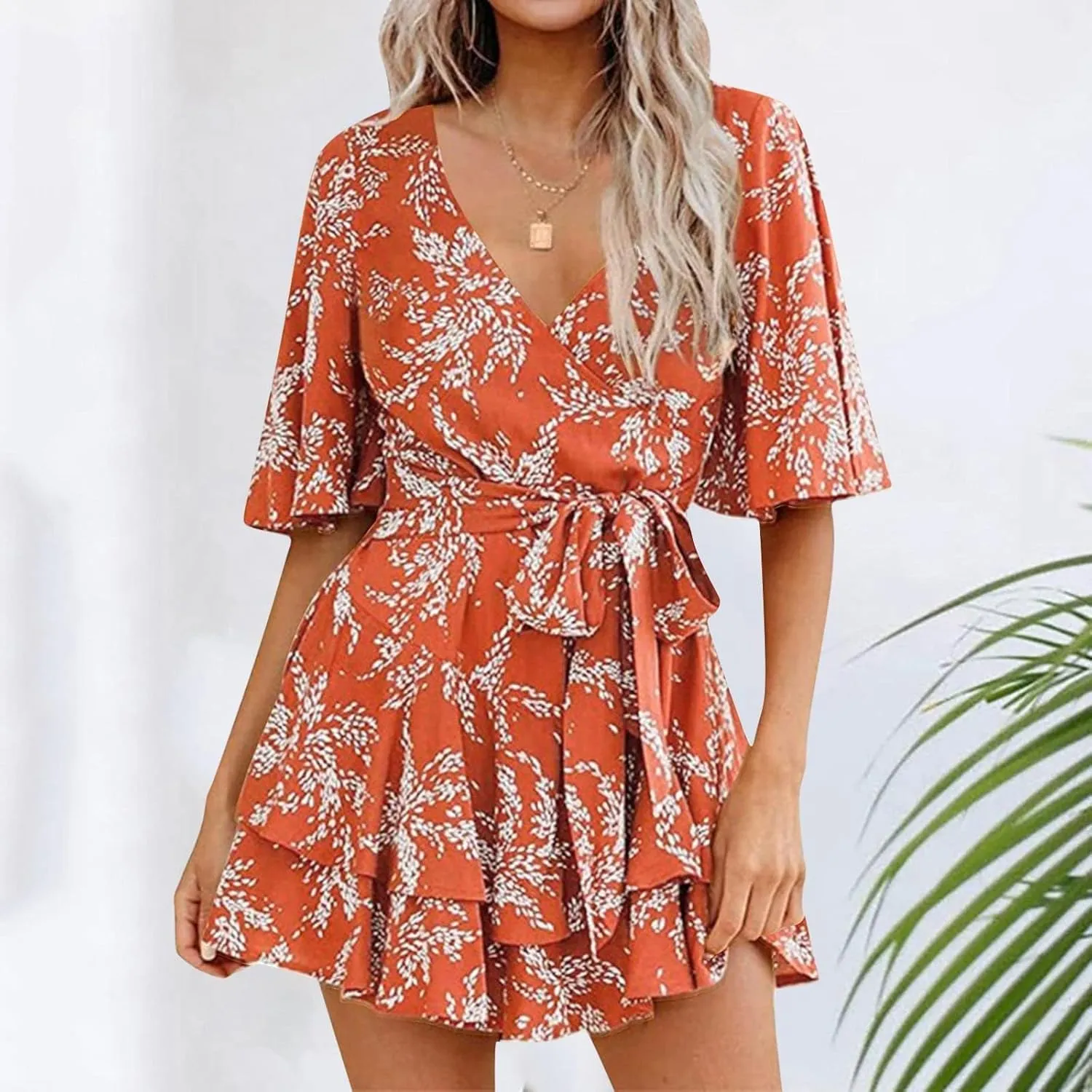 Women's Floral Dress Flowy Midi Skirts Summer Boho Beach Sundress Casual Ruffled Sleeve Waist Lace-up Romper Dresses