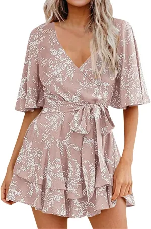 Women's Floral Dress Flowy Midi Skirts Summer Boho Beach Sundress Casual Ruffled Sleeve Waist Lace-up Romper Dresses