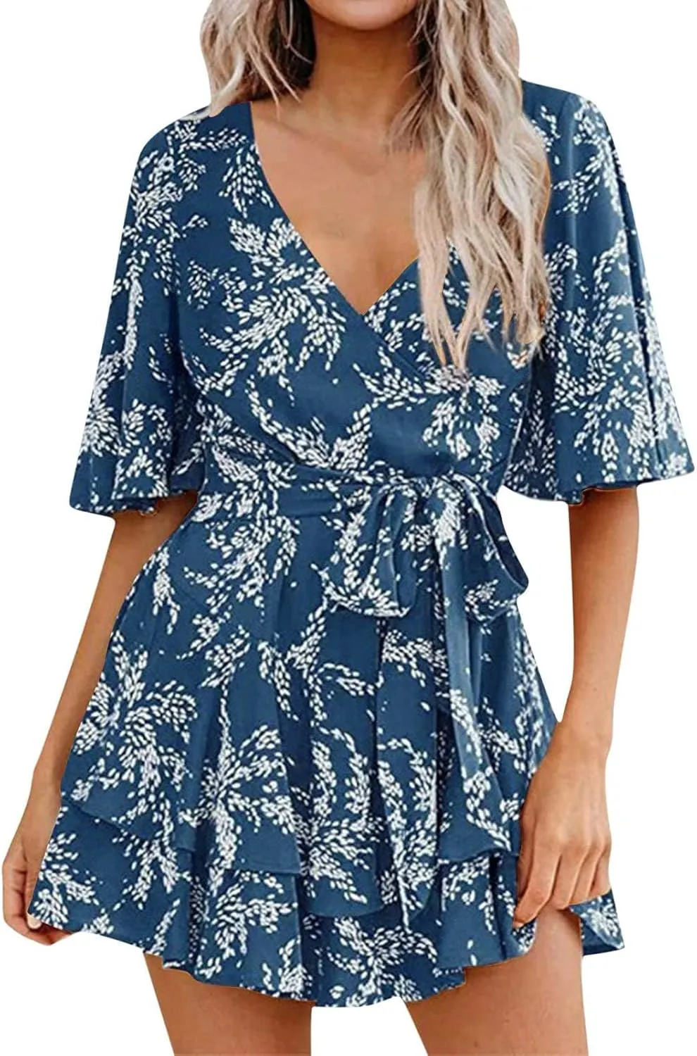 Women's Floral Dress Flowy Midi Skirts Summer Boho Beach Sundress Casual Ruffled Sleeve Waist Lace-up Romper Dresses