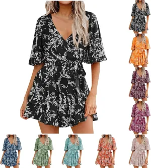 Women's Floral Dress Flowy Midi Skirts Summer Boho Beach Sundress Casual Ruffled Sleeve Waist Lace-up Romper Dresses