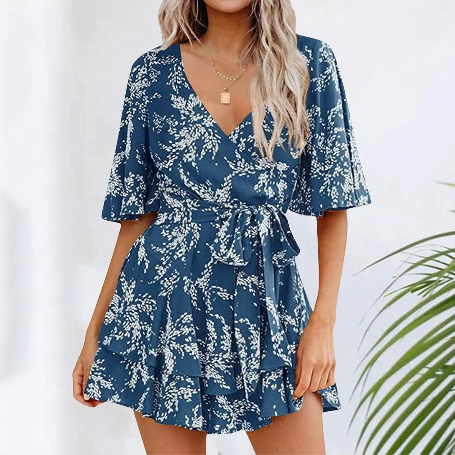 Women's Floral Dress Flowy Midi Skirts Summer Boho Beach Sundress Casual Ruffled Sleeve Waist Lace-up Romper Dresses