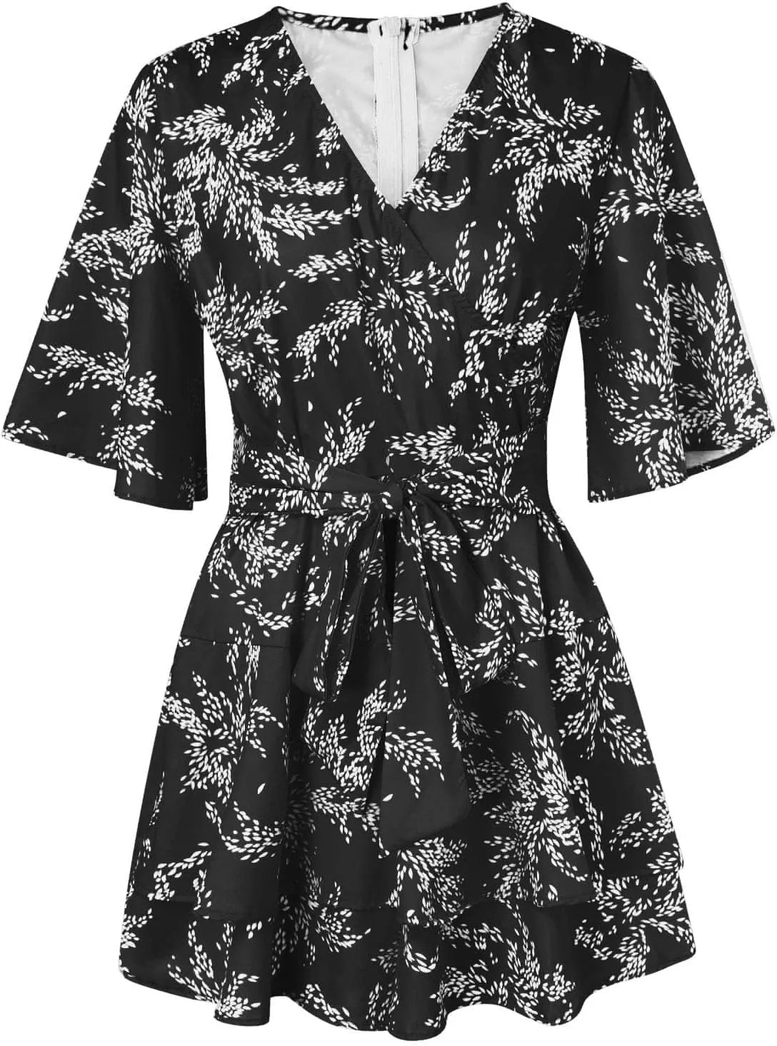 Women's Floral Dress Flowy Midi Skirts Summer Boho Beach Sundress Casual Ruffled Sleeve Waist Lace-up Romper Dresses