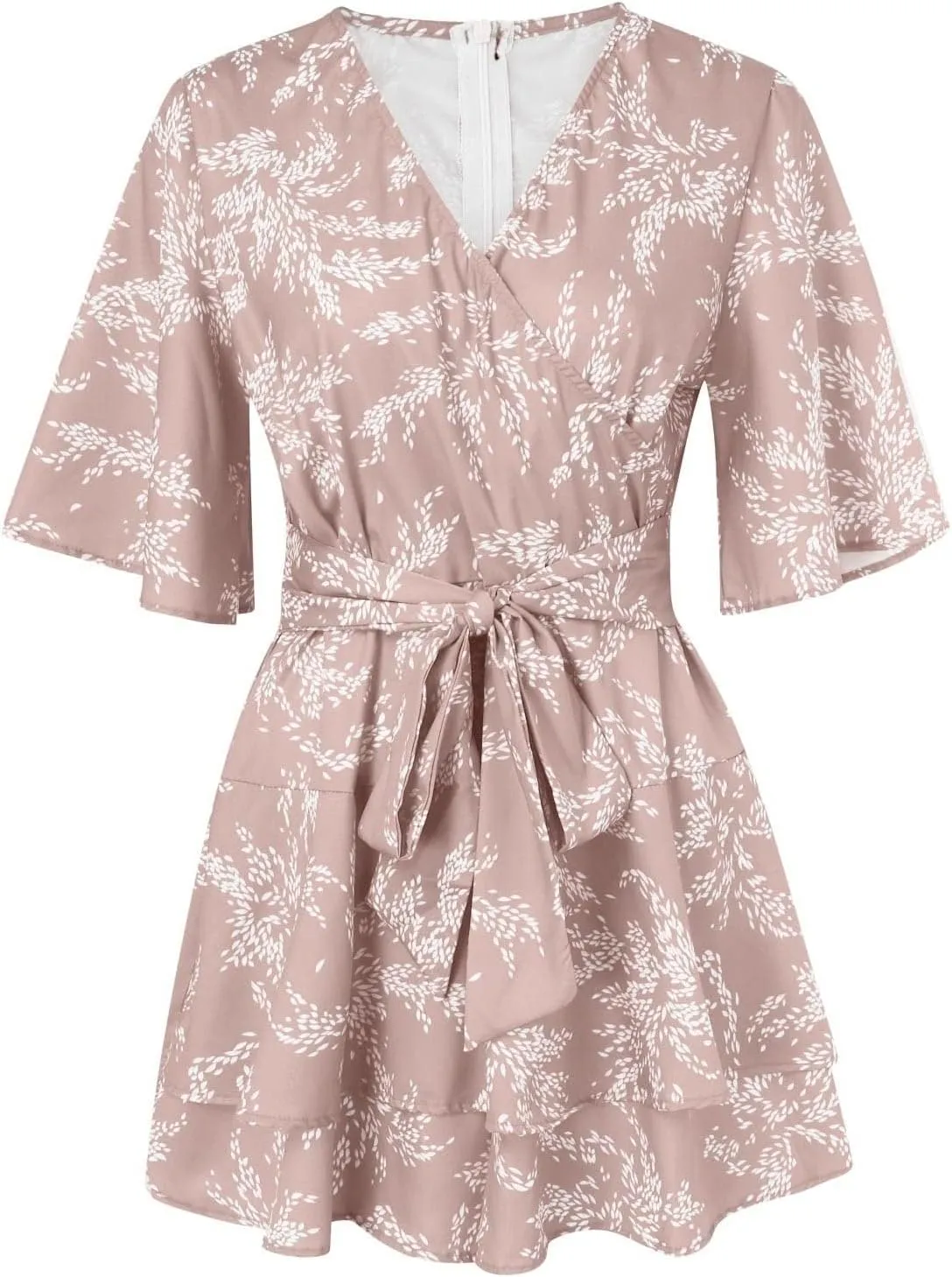 Women's Floral Dress Flowy Midi Skirts Summer Boho Beach Sundress Casual Ruffled Sleeve Waist Lace-up Romper Dresses