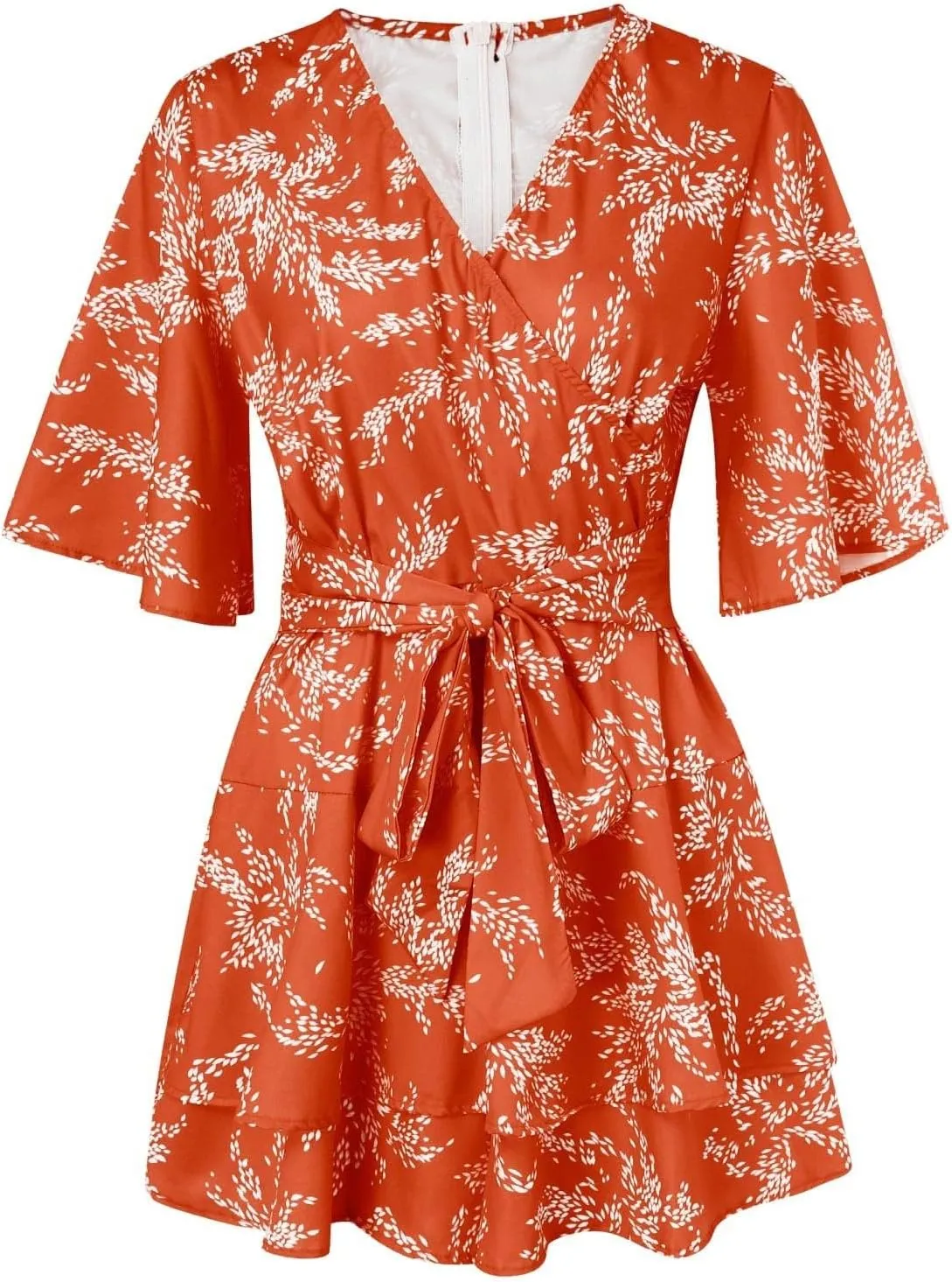 Women's Floral Dress Flowy Midi Skirts Summer Boho Beach Sundress Casual Ruffled Sleeve Waist Lace-up Romper Dresses