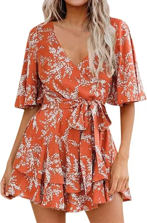 Women's Floral Dress Flowy Midi Skirts Summer Boho Beach Sundress Casual Ruffled Sleeve Waist Lace-up Romper Dresses
