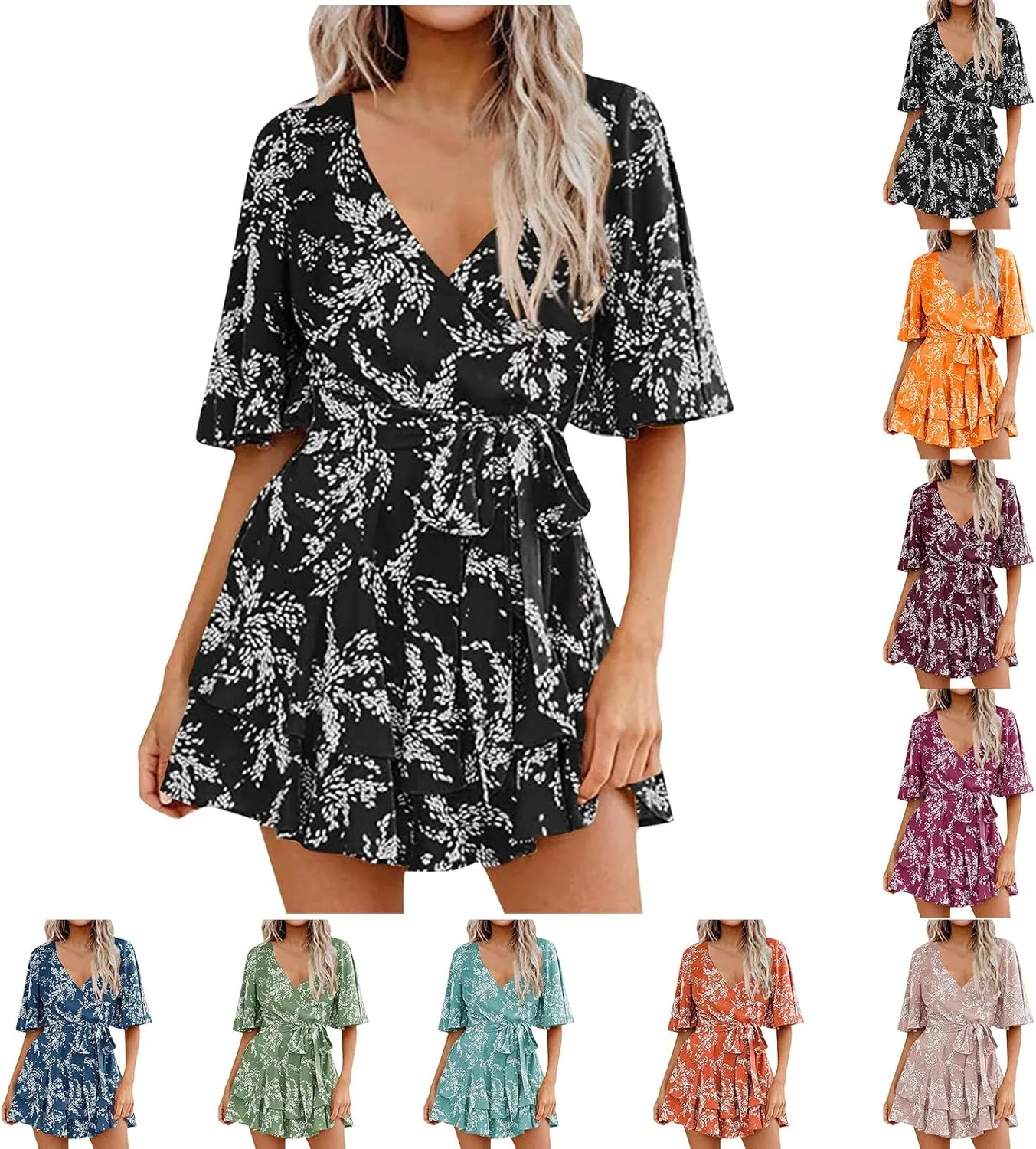 Women's Floral Dress Flowy Midi Skirts Summer Boho Beach Sundress Casual Ruffled Sleeve Waist Lace-up Romper Dresses
