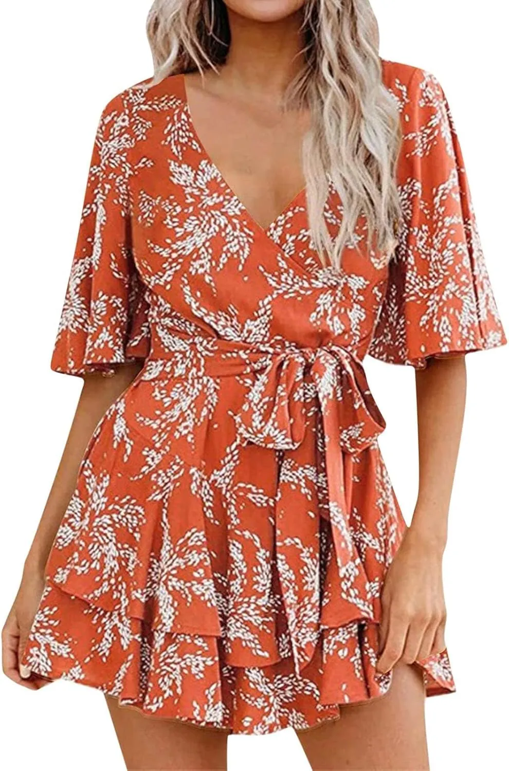 Women's Floral Dress Flowy Midi Skirts Summer Boho Beach Sundress Casual Ruffled Sleeve Waist Lace-up Romper Dresses
