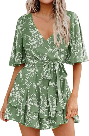 Women's Floral Dress Flowy Midi Skirts Summer Boho Beach Sundress Casual Ruffled Sleeve Waist Lace-up Romper Dresses