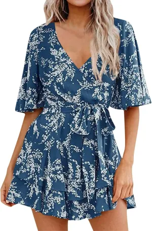 Women's Floral Dress Flowy Midi Skirts Summer Boho Beach Sundress Casual Ruffled Sleeve Waist Lace-up Romper Dresses