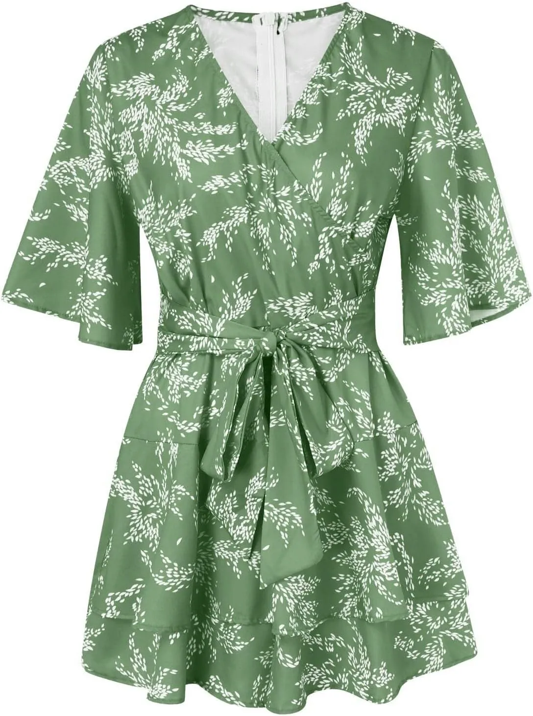Women's Floral Dress Flowy Midi Skirts Summer Boho Beach Sundress Casual Ruffled Sleeve Waist Lace-up Romper Dresses