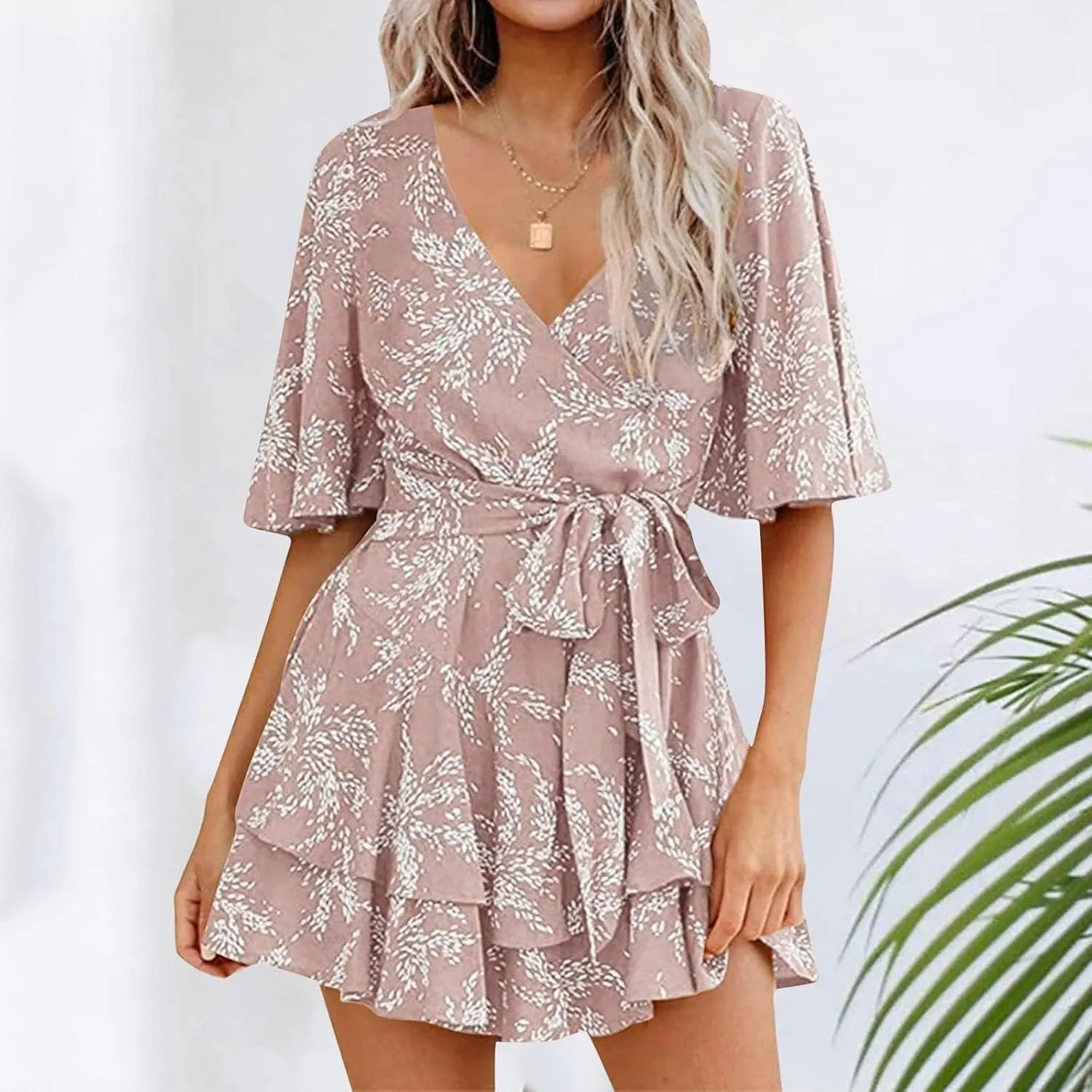 Women's Floral Dress Flowy Midi Skirts Summer Boho Beach Sundress Casual Ruffled Sleeve Waist Lace-up Romper Dresses