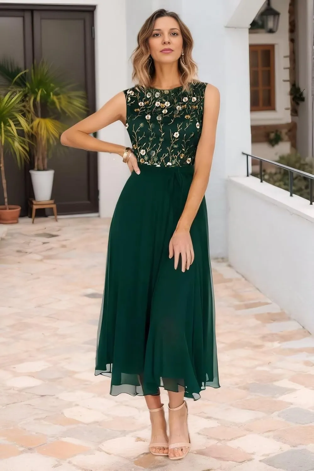 Women's Floral Embroidery Chiffon Mother of The Bride Dress 2025 Lace Appliques Formal Evening Gowns for Wedding DR0750