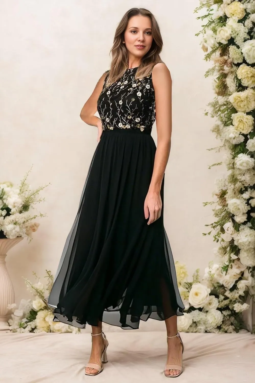 Women's Floral Embroidery Chiffon Mother of The Bride Dress 2025 Lace Appliques Formal Evening Gowns for Wedding DR0750