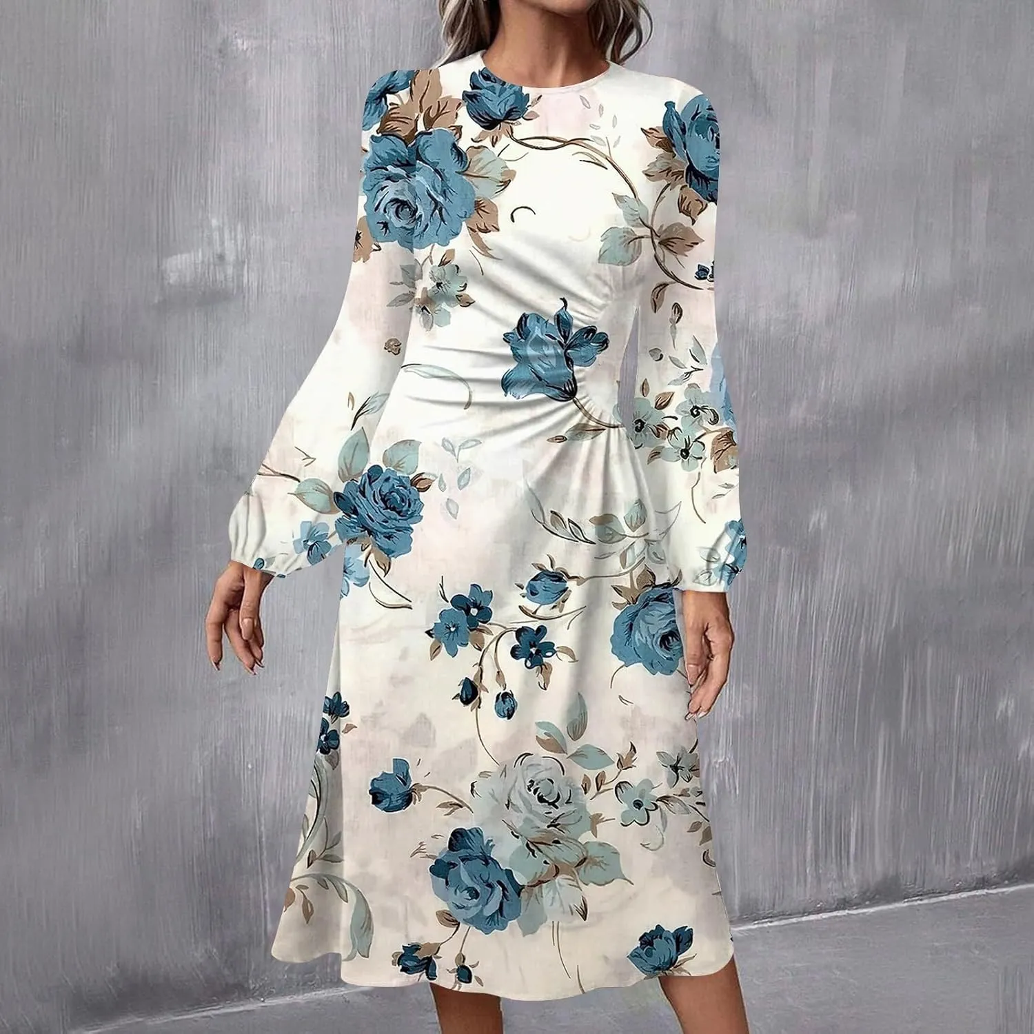 Women's Floral Midi Dress Casual Long Sleeve Wedding Guest Dresses Waisted Pleated Flowy Elegant Party Long Dresses