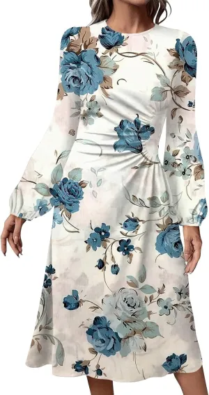 Women's Floral Midi Dress Casual Long Sleeve Wedding Guest Dresses Waisted Pleated Flowy Elegant Party Long Dresses