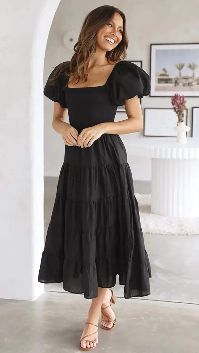 Women's Floral Square Neck Maxi Dress Summer Boho Long Dresses Puff Short Sleeve Tiered Maxi Dress Beach Vacation Sundress