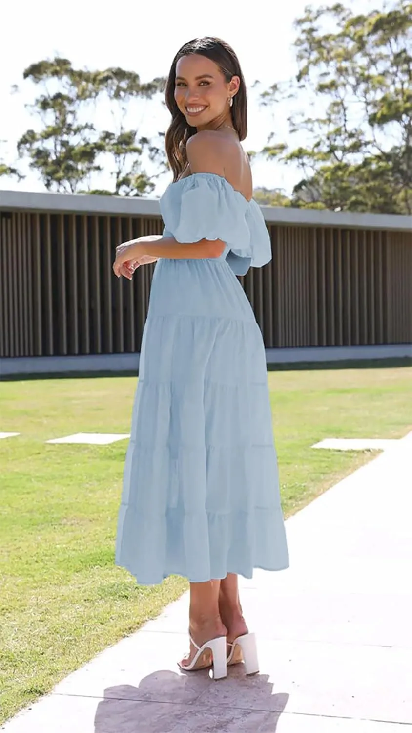 Women's Floral Square Neck Maxi Dress Summer Boho Long Dresses Puff Short Sleeve Tiered Maxi Dress Beach Vacation Sundress