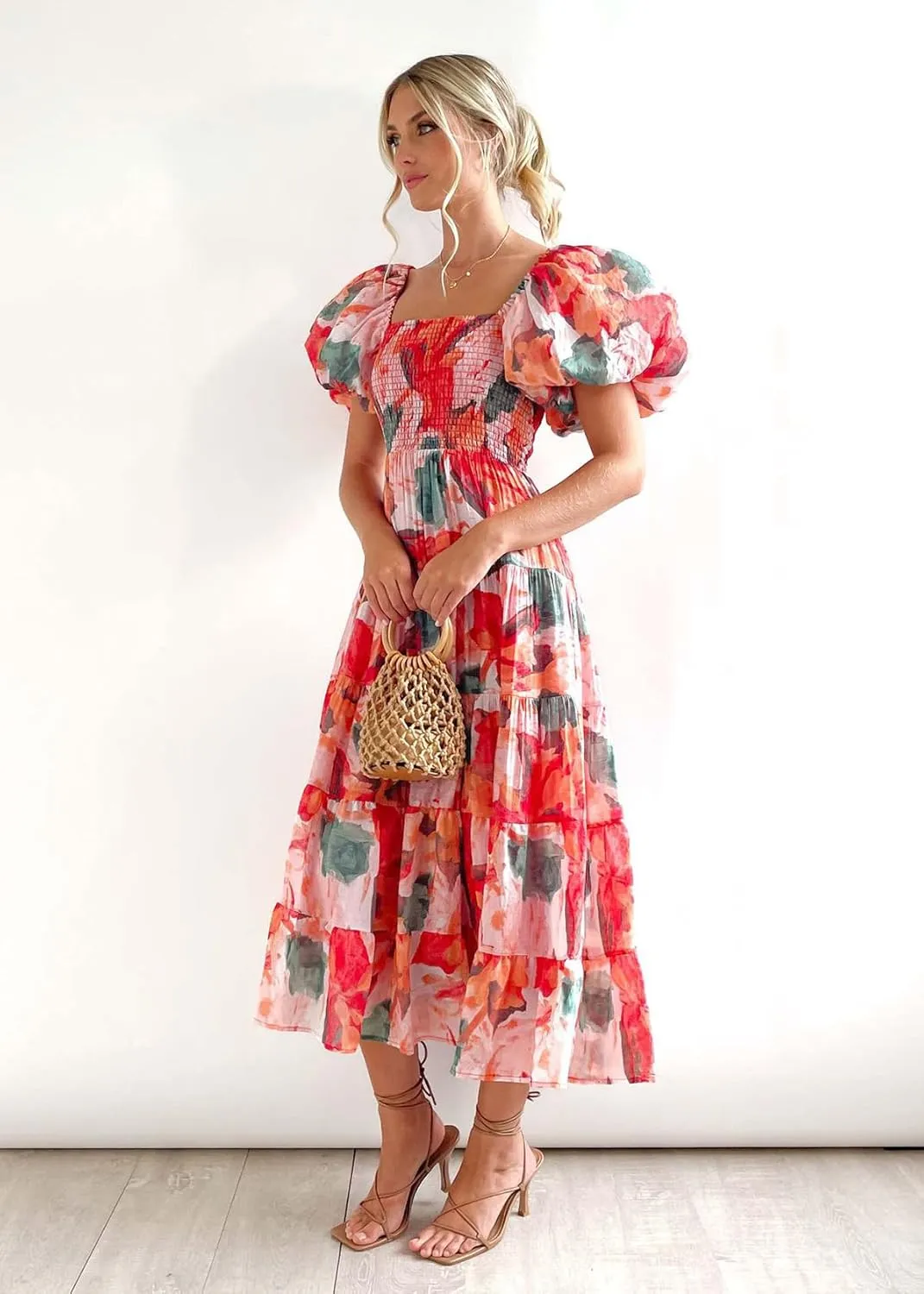Women's Floral Square Neck Maxi Dress Summer Boho Long Dresses Puff Short Sleeve Tiered Maxi Dress Beach Vacation Sundress