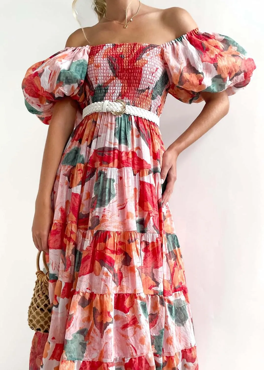 Women's Floral Square Neck Maxi Dress Summer Boho Long Dresses Puff Short Sleeve Tiered Maxi Dress Beach Vacation Sundress