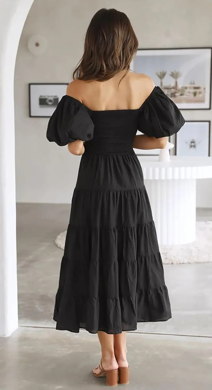 Women's Floral Square Neck Maxi Dress Summer Boho Long Dresses Puff Short Sleeve Tiered Maxi Dress Beach Vacation Sundress