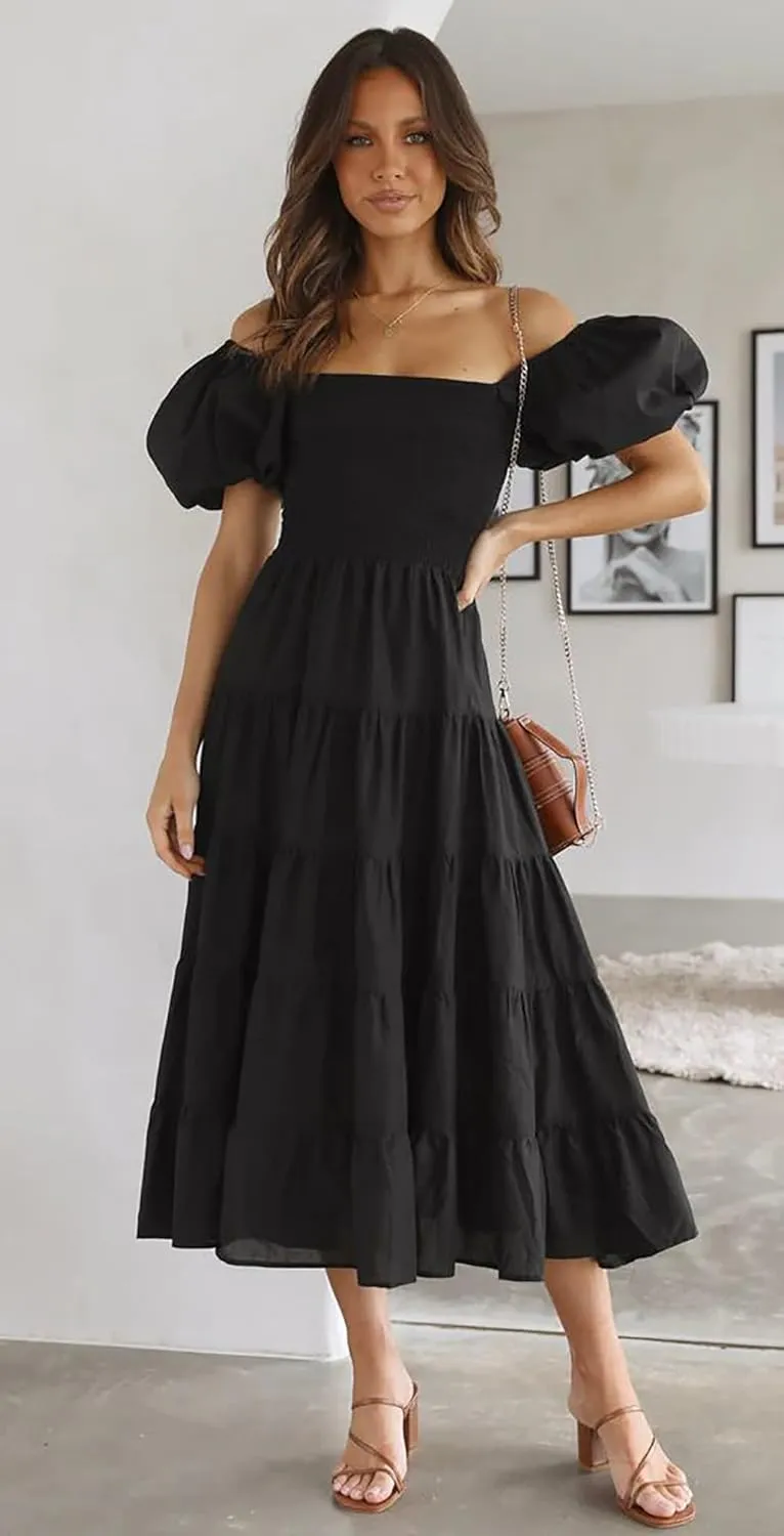 Women's Floral Square Neck Maxi Dress Summer Boho Long Dresses Puff Short Sleeve Tiered Maxi Dress Beach Vacation Sundress