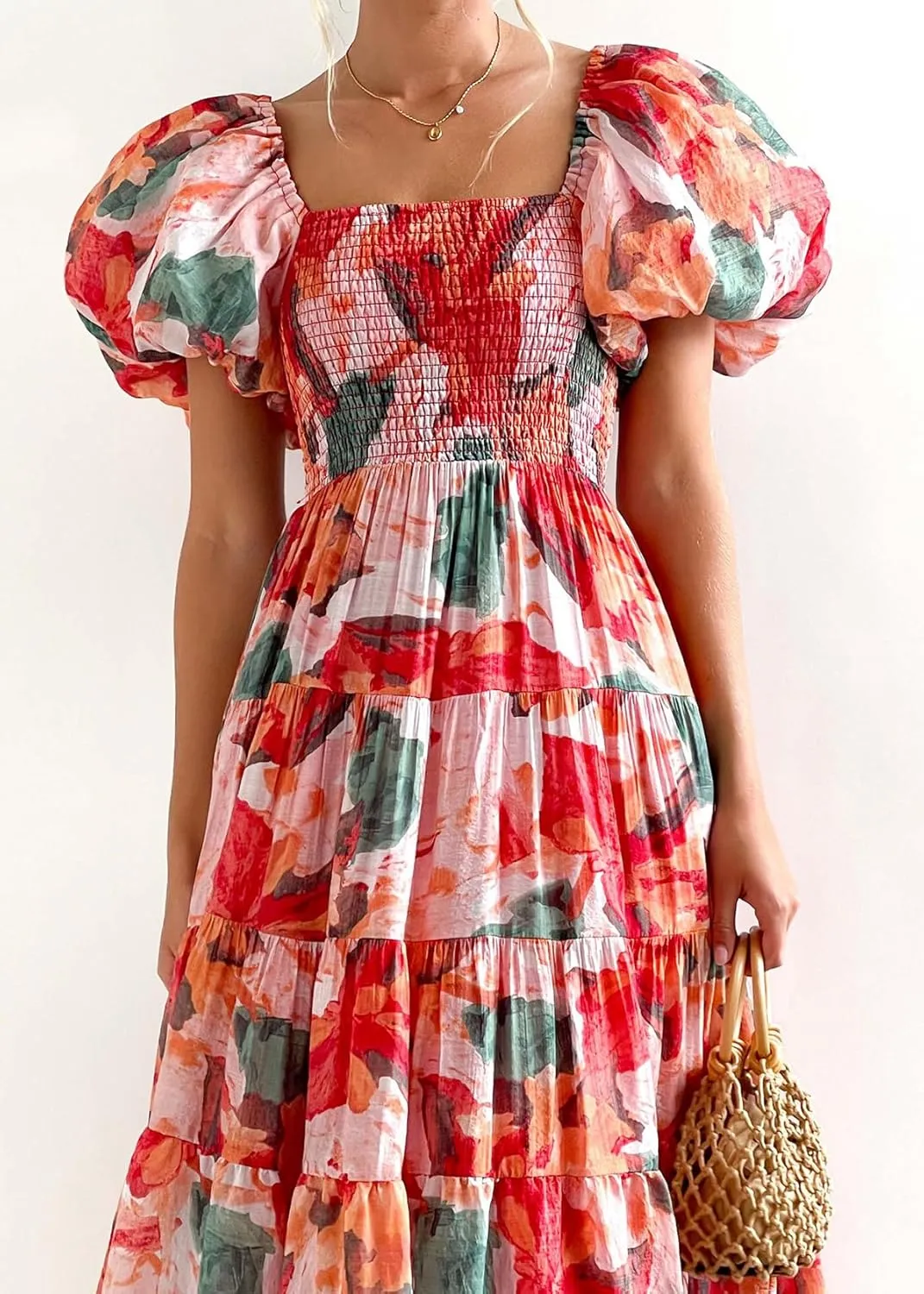 Women's Floral Square Neck Maxi Dress Summer Boho Long Dresses Puff Short Sleeve Tiered Maxi Dress Beach Vacation Sundress