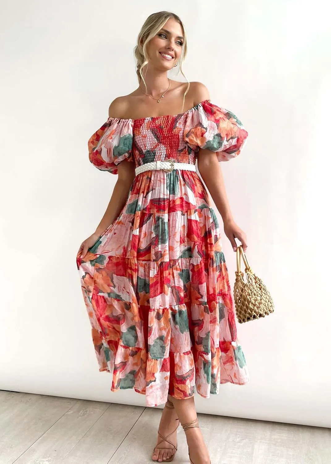 Women's Floral Square Neck Maxi Dress Summer Boho Long Dresses Puff Short Sleeve Tiered Maxi Dress Beach Vacation Sundress
