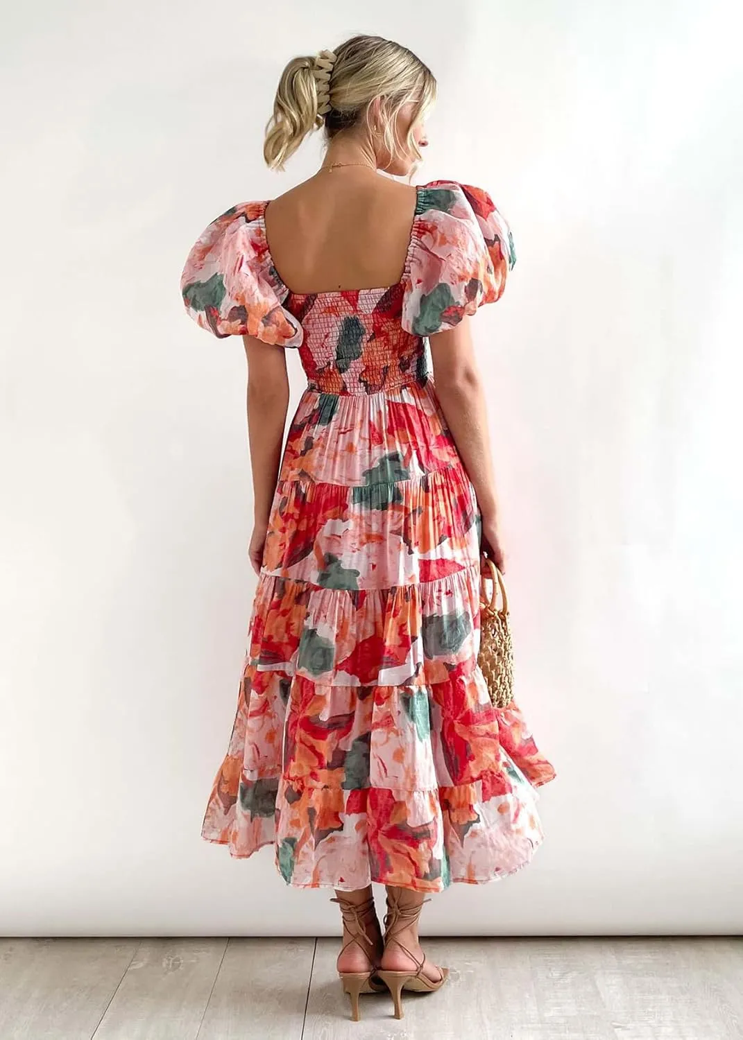 Women's Floral Square Neck Maxi Dress Summer Boho Long Dresses Puff Short Sleeve Tiered Maxi Dress Beach Vacation Sundress