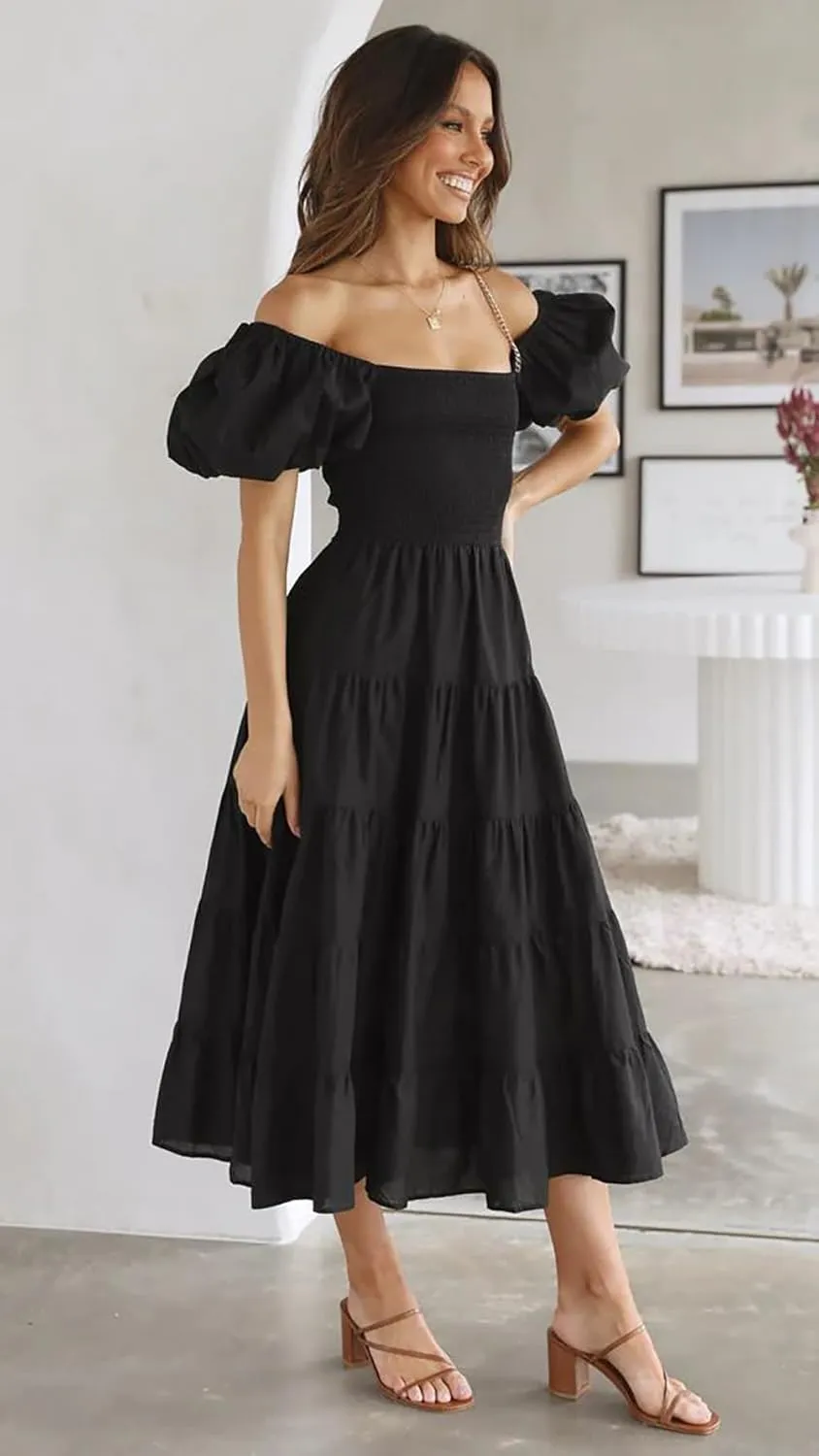 Women's Floral Square Neck Maxi Dress Summer Boho Long Dresses Puff Short Sleeve Tiered Maxi Dress Beach Vacation Sundress