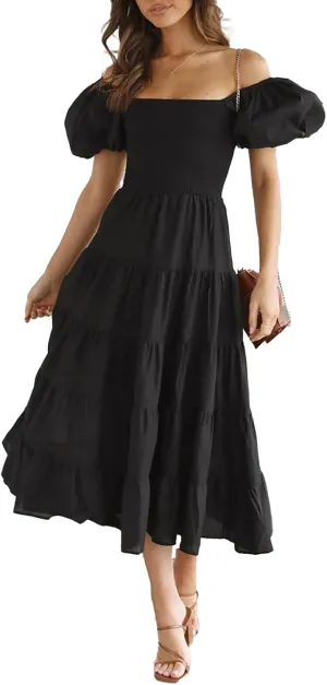 Women's Floral Square Neck Maxi Dress Summer Boho Long Dresses Puff Short Sleeve Tiered Maxi Dress Beach Vacation Sundress