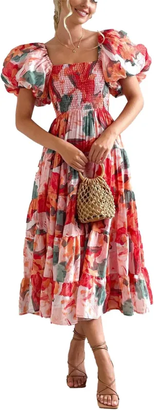 Women's Floral Square Neck Maxi Dress Summer Boho Long Dresses Puff Short Sleeve Tiered Maxi Dress Beach Vacation Sundress