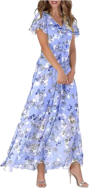 Womens Floral Summer Dress Sundresses for Women Short Sleeve V Neck a Line Chiffon Ruffle Flowy Maxi Dress Casual 2025