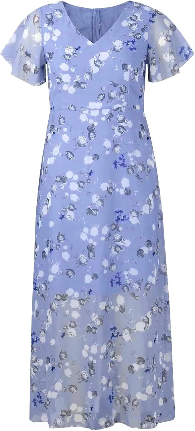 Womens Floral Summer Dress Sundresses for Women Short Sleeve V Neck a Line Chiffon Ruffle Flowy Maxi Dress Casual 2025