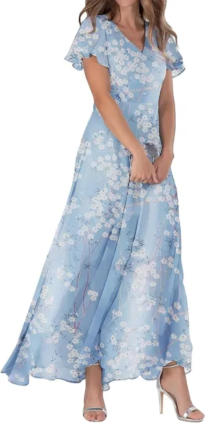 Womens Floral Summer Dress Sundresses for Women Short Sleeve V Neck a Line Chiffon Ruffle Flowy Maxi Dress Casual