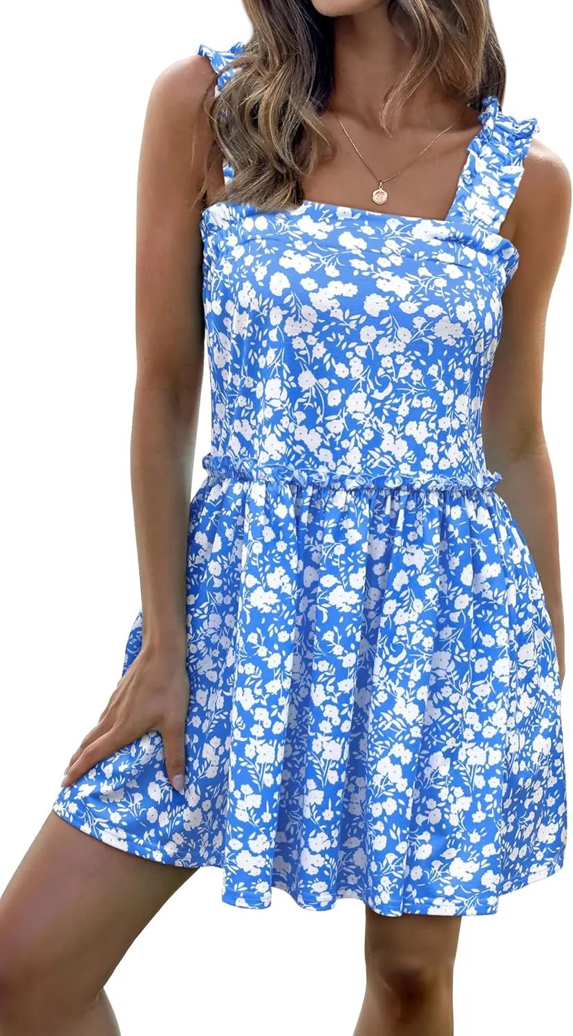 Women's Floral Summer Mini Dresses Ruffle Straps Boho Tiered Babydoll Tank Sundress Beach Vacation Short Dresses