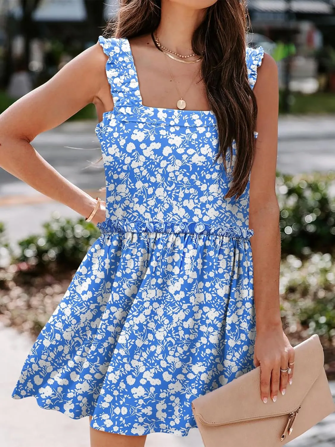 Women's Floral Summer Mini Dresses Ruffle Straps Boho Tiered Babydoll Tank Sundress Beach Vacation Short Dresses
