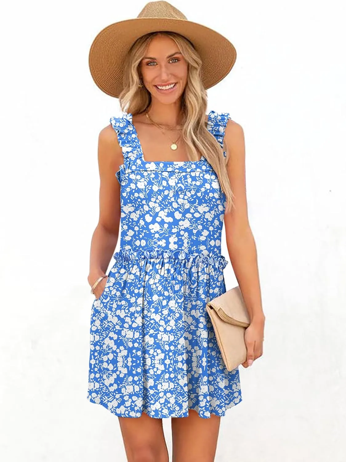 Women's Floral Summer Mini Dresses Ruffle Straps Boho Tiered Babydoll Tank Sundress Beach Vacation Short Dresses